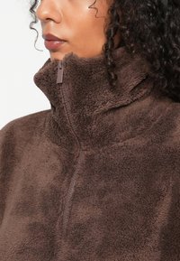 Bruine fleece pullover met een hoge kraag en een halve ritssluiting. Zacht, gestructureerd stof met een gematigde, effen kleur en zichtbare stikseldetails.