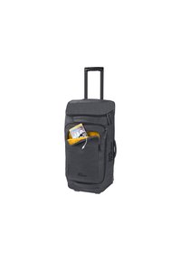 Valise grise à roues avec une poignée rétractable, un compartiment principal zippé et une poche extérieure dotée d'un intérieur jaune.