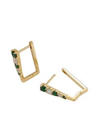 Orecchini a cerchio quadrati color oro con quattro pietre verdi e due pietre trasparenti disposte linearmente lungo il bordo inferiore.