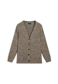 Cardigan lavorato a maglia in tonalità di marrone e beige, con scollatura a V profonda, maniche lunghe, chiusura con bottoni e un motivo testurizzato su tutta la superficie.