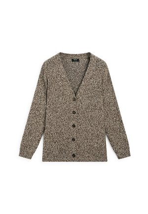 Gestrickte Strickjacke in Braun- und Beigetönen, mit tiefem V-Ausschnitt, langen Ärmeln, Knopfverschluss und einem strukturierten Muster.