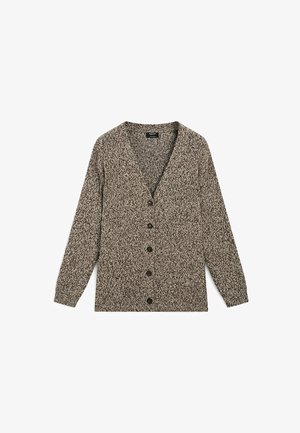 Gestrickte Strickjacke in Braun- und Beigetönen, mit tiefem V-Ausschnitt, langen Ärmeln, Knopfverschluss und einem strukturierten Muster.