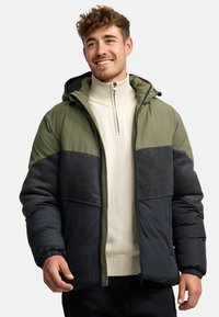 Padded jacket featuring a color-block design in olive green, charcoal gray, and black. Includes a hood and elasticated cuffs.