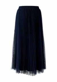 Jupe plissée marine en tissu léger, dotée d'une taille élastique et d'un revêtement transparent avec une finition douce et texturée.