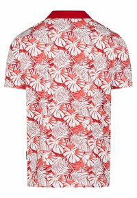 Rode polo met korte mouwen met een wit tropisch bladerenpatroon en een effen rode kraag. Gemaakt van zachte, lichte stof.