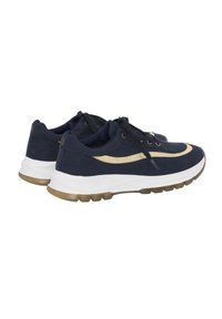 Navy blue athletic shoes made of suede, featuring a gold accent stripe, white midsole, and a textured gum rubber outsole.