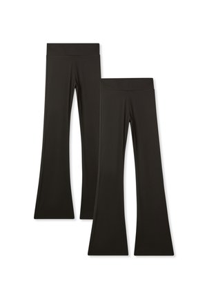 Leggings neri svasati realizzati in tessuto elastico, con una fascia alta in vita e una texture liscia. Nessun motivo o dettaglio visibile.