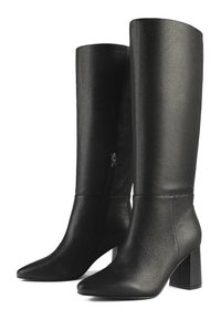 Black knee-high boots made of textured leather, featuring a pointed toe, block heel, and side zipper detail for easy wear.