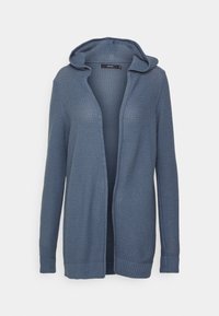 Blauwe, gebreide cardigan met capuchon, open voorkant, lange mouwen en geribbelde manchetten. Geëffekteerde stof met een relaxte pasvorm.