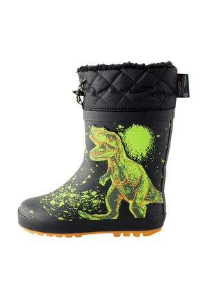 Schwarze wasserdichte Gummistiefel mit einem gesteppten Oberteil, ausgestattet mit einem Dinosauriergrafik in Grün und Orange mit Spritzdetails und einer strukturierten Sohle.