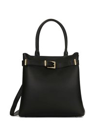 Borsa a tracolla in pelle nera con due manici corti, caratterizzata da una fibbia decorativa e una tracolla removibile. Texture liscia e design minimalista.