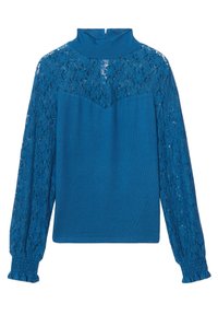 Maglione blu lavorato a maglia con sovrapposizione in pizzo sulle spalle e sulle maniche, colletto alto e polsini arricciati. Tessuto morbido, vestibilità classica.