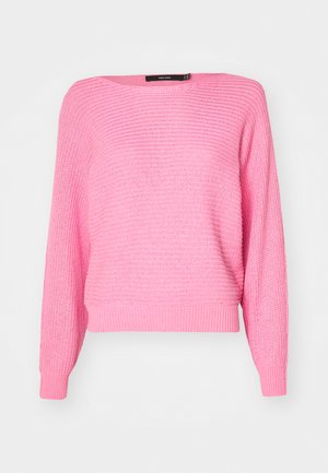 Rosa strikket genser med løs passform, vid halslinning og lange ermer. Har ribbestrikkede mansjetter og nederkant.