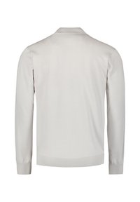 Lichtgrijze pullover trui met een klassiek ontwerp, lange mouwen en geribde manchetten. Soepele textuur met een aansluitende kraag.