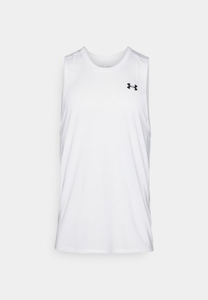 Bílý bezrukávový sportovní top z lehkého materiálu, s kulatým výstřihem a černým logem na levé části hrudi.