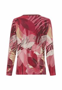 Top met lange mouwen met een levendig, meerkleurig bloemenpatroon in tinten roze, rood en beige, met diverse texturen en subtiele grafische details.