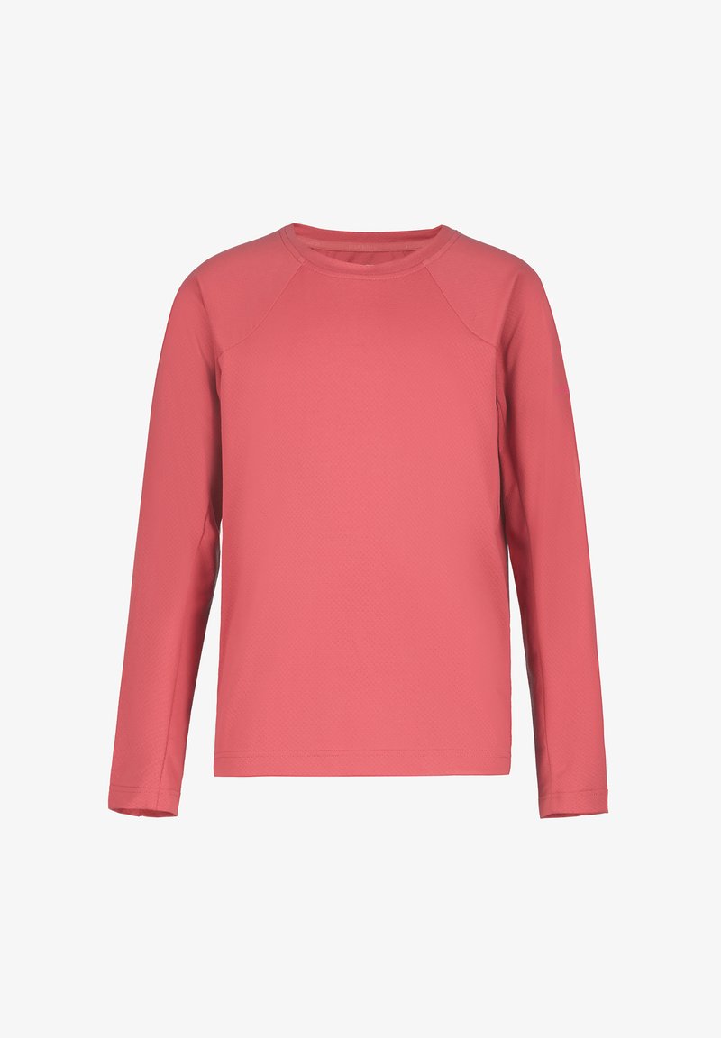 Langarmhemd aus strukturiertem pinken Stoff mit rundem Halsauschnitt und Raglanärmeln, das eine glatte Oberfläche hat und keine sichtbaren Beschläge aufweist.