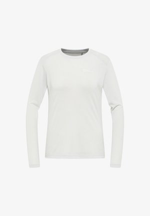 Chemise à manches longues en tissu gris clair, avec un col rond et un logo discret sur la poitrine. Texture lisse, design ajusté.