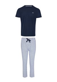 T-shirt a maniche corte blu navy abbinato a pantaloni da pigiama a righe verticali bianche e blu navy con coulisse.
