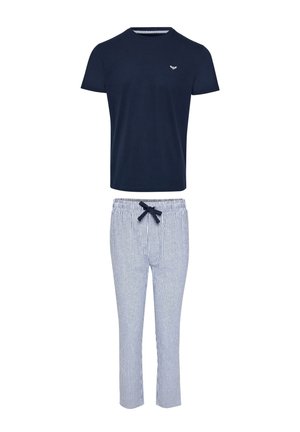 Navyblauw T-shirt met korte mouwen, gecombineerd met witte en navy verticale gestreepte pyjama broek met trekkoord, pyjama set.