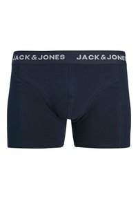 Ανδρικά εσώρουχα μπόξερ σε ναυτικό μπλε με μαύρη ελαστική μέση που φέρει λευκή επιγραφή «JACK & JONES», επίπεδες ραφές και ραφές που ακολουθούν το περίγραμμα.