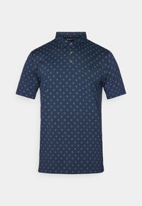 Polo de marina en mezcla de algodón con mangas cortas, cuello abotonado y un patrón floral en color azul claro repetido en toda la prenda. Cuenta con un pequeño logo.