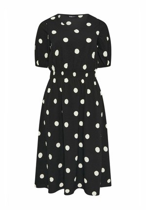 Robe midi noire à pois blancs, col rond, manches courtes bouffantes et taille élastique.