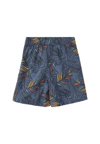 Blaue Shorts mit einem tropischen Blattmuster in Grün, Orange und Gelb. Mit elastischem Bund und weichem Stoffeindruck.