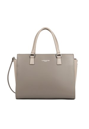Borsa a tracolla rettangolare taupe in pelle con due manici superiori tondeggianti e tracolla removibile, caratterizzata da piccoli dettagli in metallo argentato.