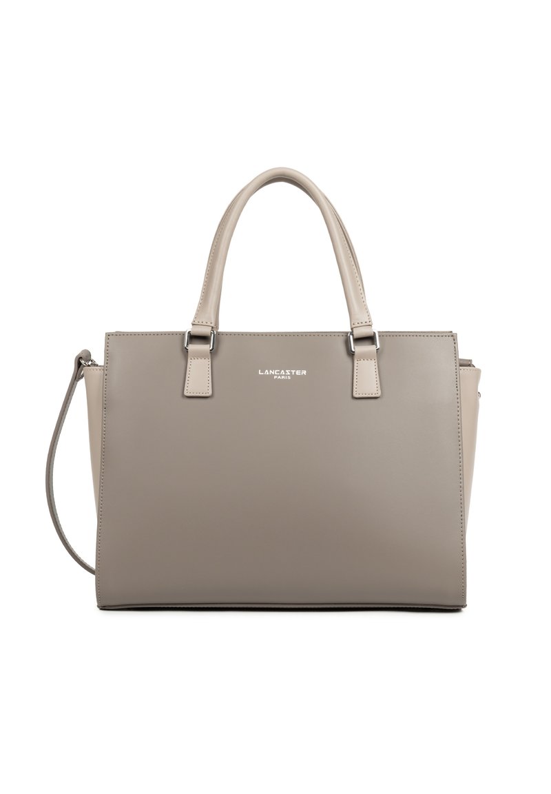 Borsa a tracolla rettangolare taupe in pelle con due manici superiori tondeggianti e tracolla removibile, caratterizzata da piccoli dettagli in metallo argentato.