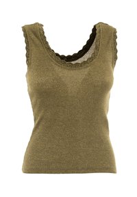 Haut sans manches vert olive avec un col rond, présentant un tissu texturé à côtes et une bordure festonnée le long de l'encolure et des emmanchures.