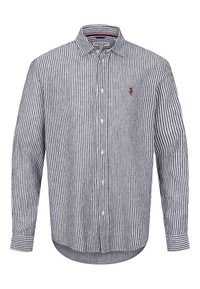 Langärmliges Hemd mit Knopfleiste in vertikalen navy-blauen und weißen Streifen, spitzem Kragen und kleinem gestickten Logo auf der linken Brust.