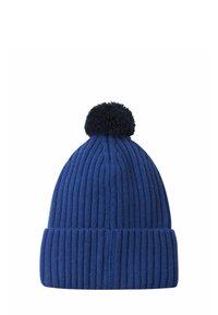 Blue knitted beanie with vertical ribbing, soft texture, and a dark pom-pom on top. Features a folded cuff for adjustable fit.
