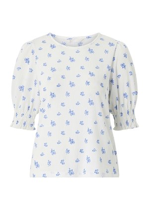 Weiße Bluse mit Struktur und blauem Blumenmuster, rundem Ausschnitt und Ellbogen-langen Puffärmeln mit gerafften Bündchen.