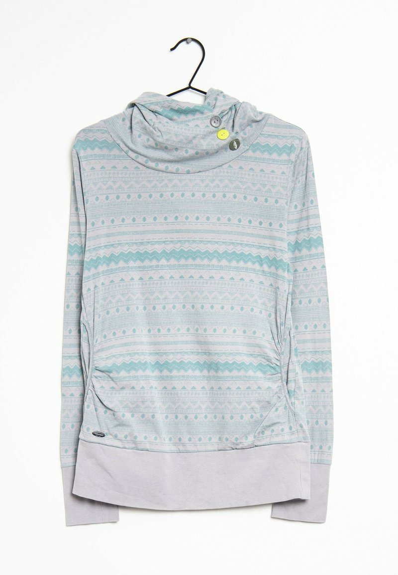 Sudadera de manga larga gris claro con patrones geométricos turquesa, cuello cisne, dos botones y ligero fruncido en los lados.