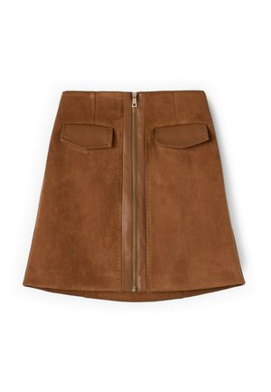 Brun ruskind A-formet nederdel med frontlynlås og to klaplommer på siderne, vist på hvid baggrund.