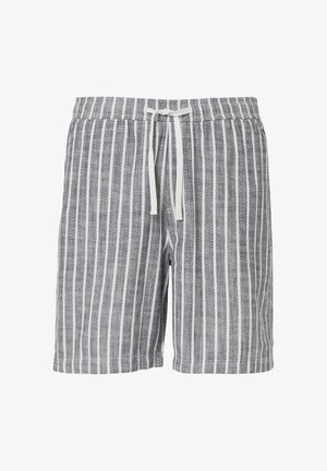 Gestreifte Shorts in Dunkelblau und Weiß, aus strukturiertem Stoff. Mit elastischem Bund, vorderem Kordelzug und Seitentaschen.