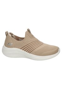 Zapatilla sin cordones en color beige, fabricada con tejido de punto, que presenta un patrón texturizado, un cuello elástico y una suela de goma blanca con un sutil detalle de logo.