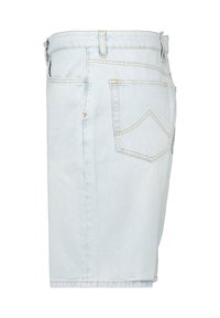 Light blue denim shorts featuring a straight cut, back pockets with yellow stitching, and a waistband with belt loops.