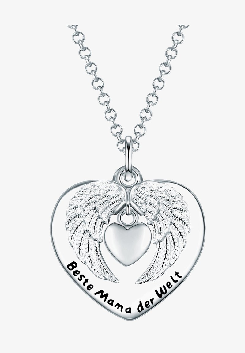 Sølv hjertevedhæng med detaljerede vinger, der har teksten "Beste Mama der Welt." Inkluderer et mindre hjertecharms og en sammenkoblet kæde.
