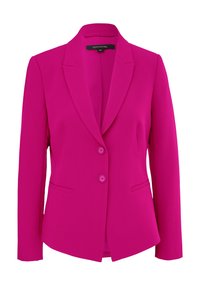Blazer fuchsia sur mesure avec revers crantés, deux boutons devant, manches longues et deux poches avant horizontales.