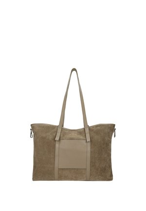 Grote beige suède tote bag met lange handvatten, voorvak van leer en ritssluitingen aan beide zijden.