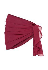 Burgunder chiffon omslag med plisseret design, som har en knyttet accent på den ene side og en glat tekstur, egnet til forskellige anledninger.