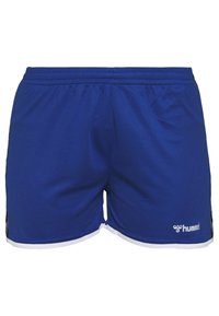 Blå idrottsshorts med en slät yta, prydda med vit kant och sidodetaljer i en kontrasterande färg. Logotypen visas på nedersta högra delen.