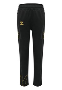 Schwarze Sweatpants aus weichem Material, mit einem gelben Logo und Chevron-Akzenten an den Seiten, einem elastischen Bund und schmal zulaufenden Beinen.
