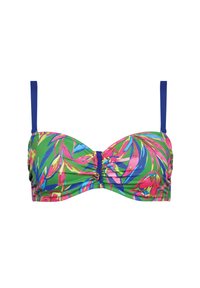 Top bikini z żywym zielonym materiałem w różowe i niebieskie kwiatowe wzory, z fiszbinami wspierającymi biust oraz regulowanymi niebieskimi ramiączkami.