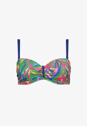Top bikini z żywym zielonym materiałem w różowe i niebieskie kwiatowe wzory, z fiszbinami wspierającymi biust oraz regulowanymi niebieskimi ramiączkami.