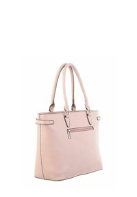 Sac à main en cuir rose avec deux poignées supérieures, poche avant zippée et texture lisse, doté de ferrures argentées et d'accents cousus.