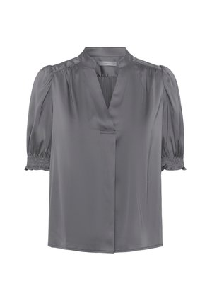 Szürke szaténblúz V kivágással, puffos rövid ujjakkal, ráncolt szélekkel, és laza fazonnal. Simogatós textúra minimális részletezéssel.