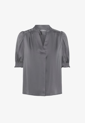 Szürke szaténblúz V kivágással, puffos rövid ujjakkal, ráncolt szélekkel, és laza fazonnal. Simogatós textúra minimális részletezéssel.